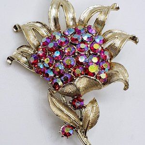 Vintage Gold Tone Signed Coro Sunflower Flower Brooch Red AB Rhinestones 2.75"